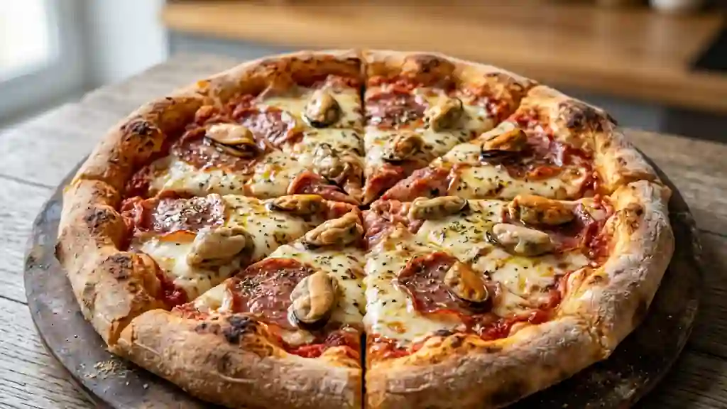 Pizza iodée au salami et moules fondantes - Photo de présentation