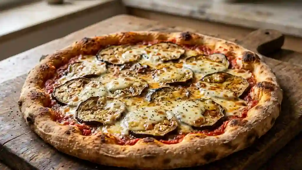 Pizza fondante aux aubergines et origan - Photo de présentation