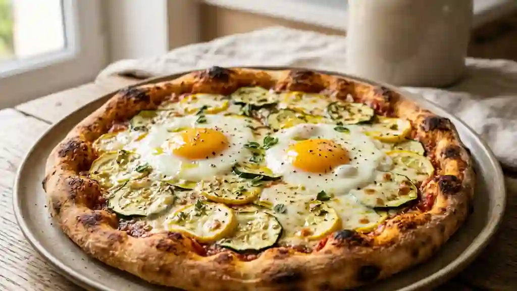 Pizza courgette, mozzarella et œuf coulant - Photo de présentation