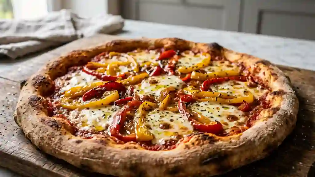Pizza aux poivrons fondants et mozzarella - Photo de présentation