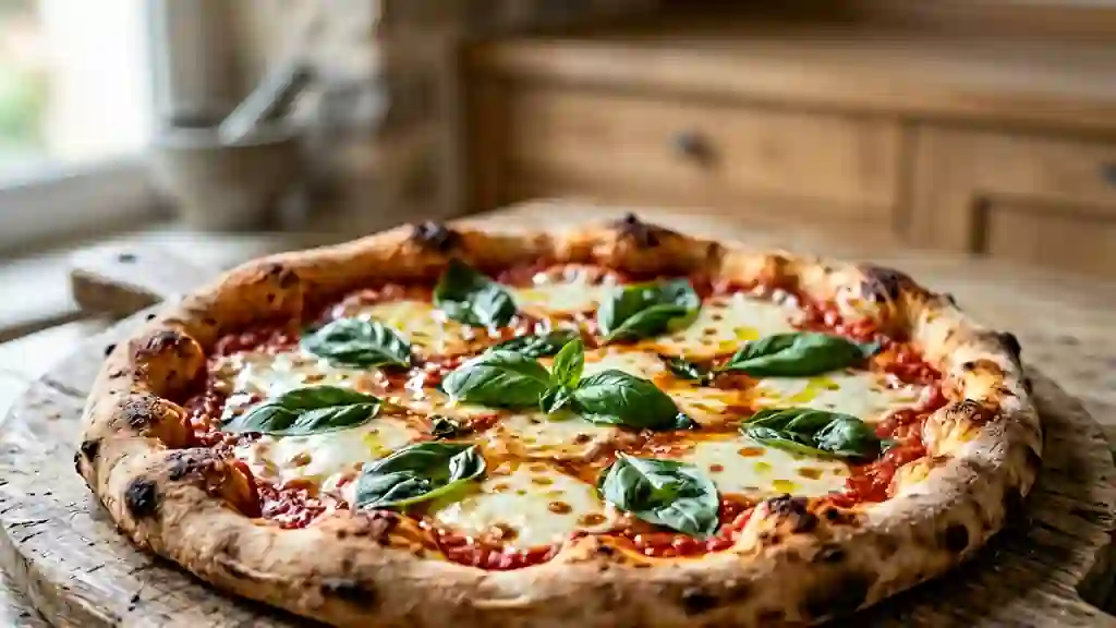 Pizza Margherita croustillante au basilic - Photo de présentation