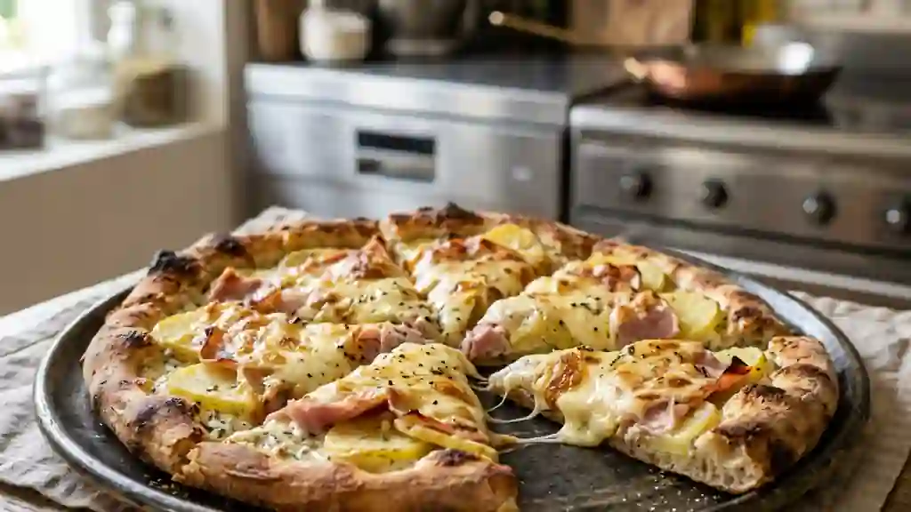 Pizza raclette crémeuse et gratinée - Photo de présentation