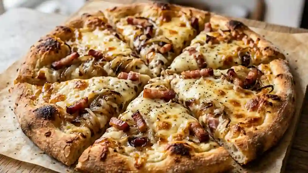 Pizza savoyarde crémeuse au fromage à raclette - Photo de présentation