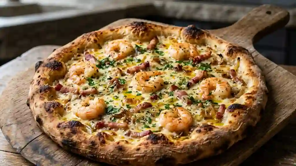 Pizza terre-mer crèmeuse et croustillante - Photo de présentation