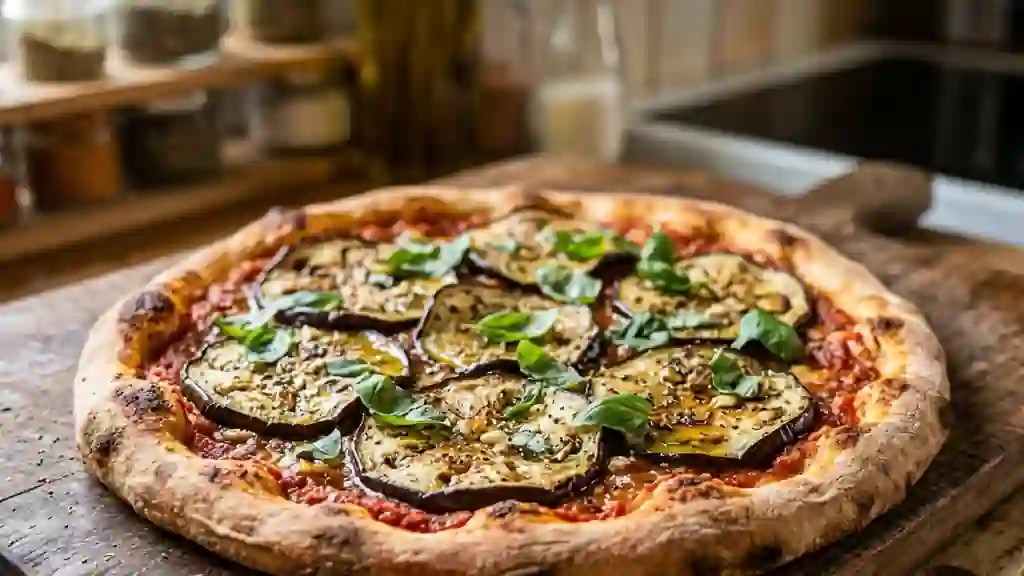 Pizza croustillante aux aubergines fondantes - Photo de présentation