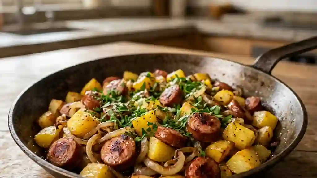 Poêlée de cervelas croustillante aux oignons - Photo de présentation