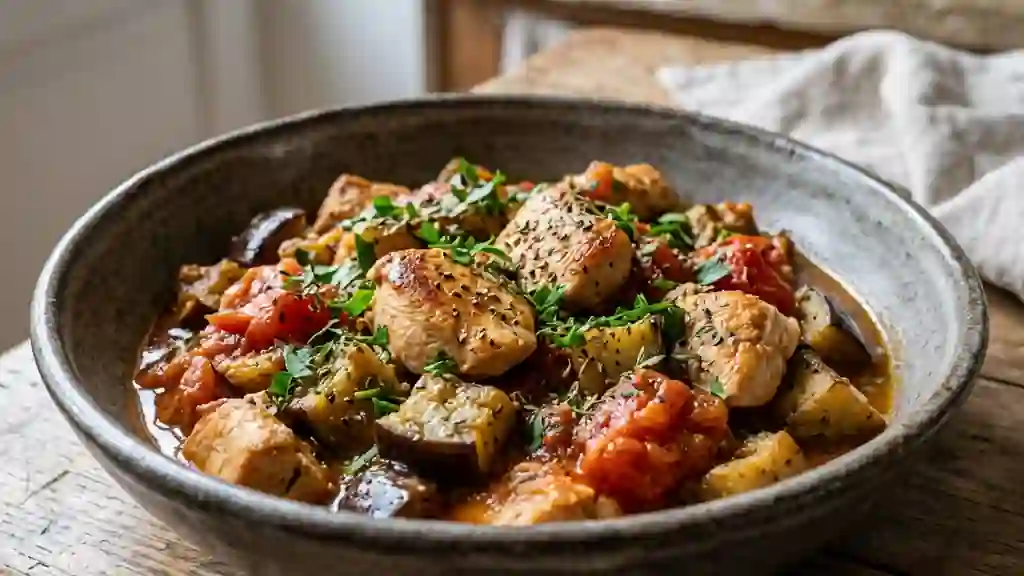 Poêlée de dinde aux aubergines fondantes - Photo de présentation