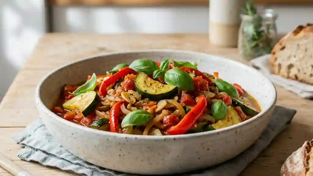 Poêlée de légumes fondants au basilic frais - Photo de présentation