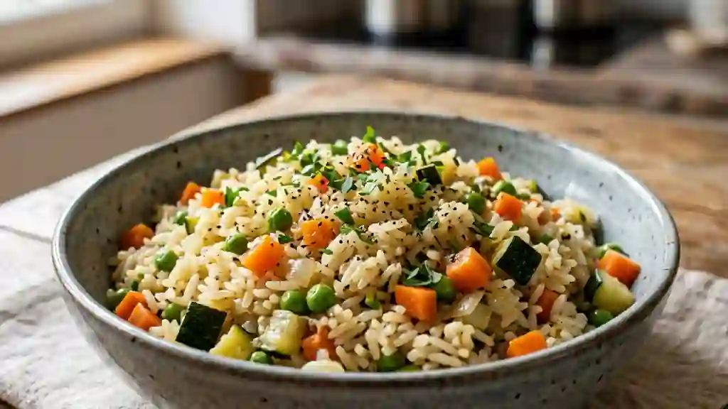 Poêlée de riz fondant aux légumes croquants - Photo de présentation