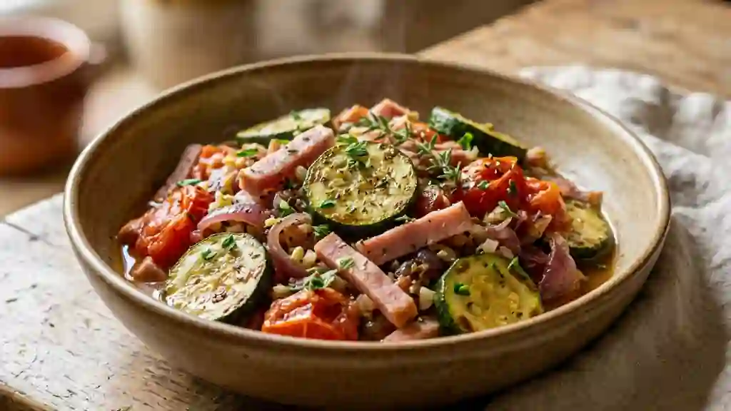 Poêlée fondante courgettes, tomates et jambon - Photo de présentation