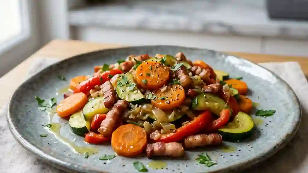 Poêlée fondante de légumes et lardons fumés - Photo de présentation