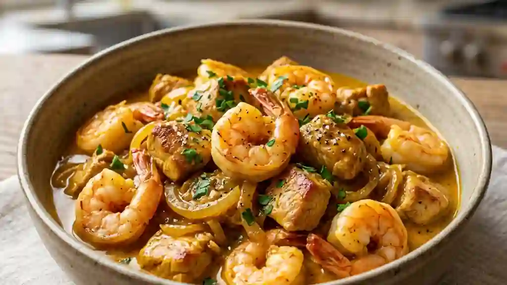 Poêlée terre-mer crémeuse curry et cognac - Photo de présentation