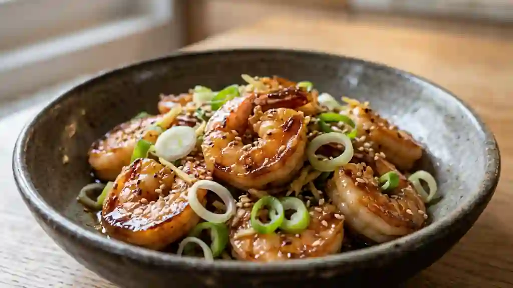Crevettes laquées au soja et gingembre frais - Photo de présentation