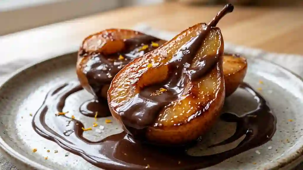 Poires fondantes au caramel et chocolat intense - Photo de présentation