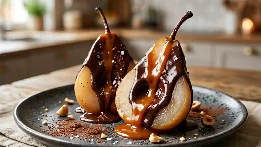 Poire fondante au chocolat et caramel onctueux - Photo de présentation
