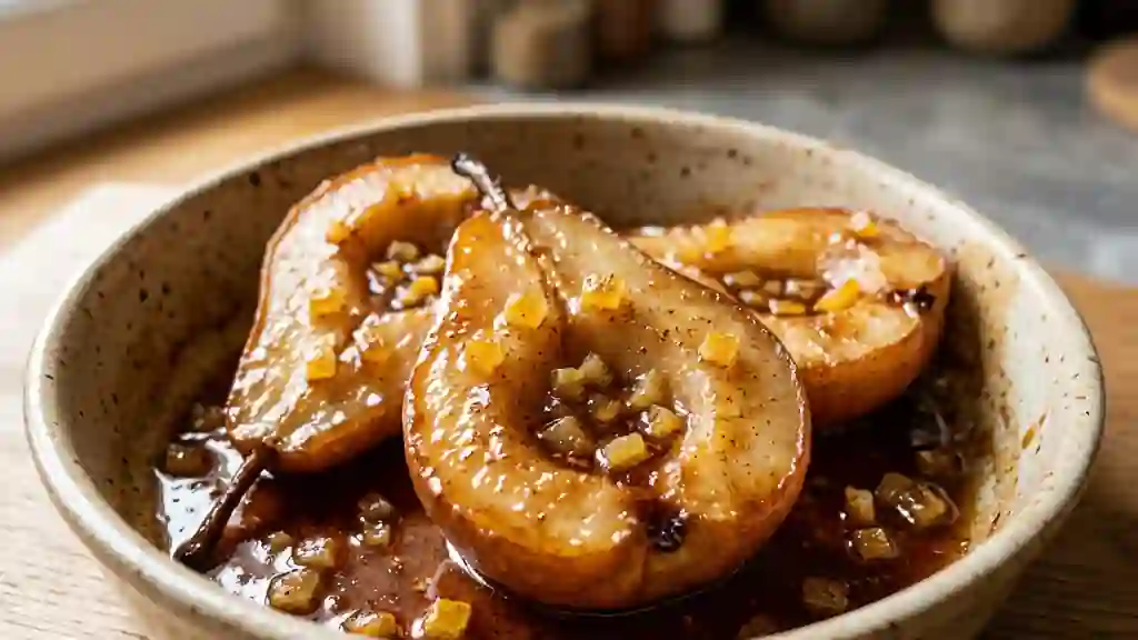 Poire rôtie au citron confit et miel épicé - Photo de présentation