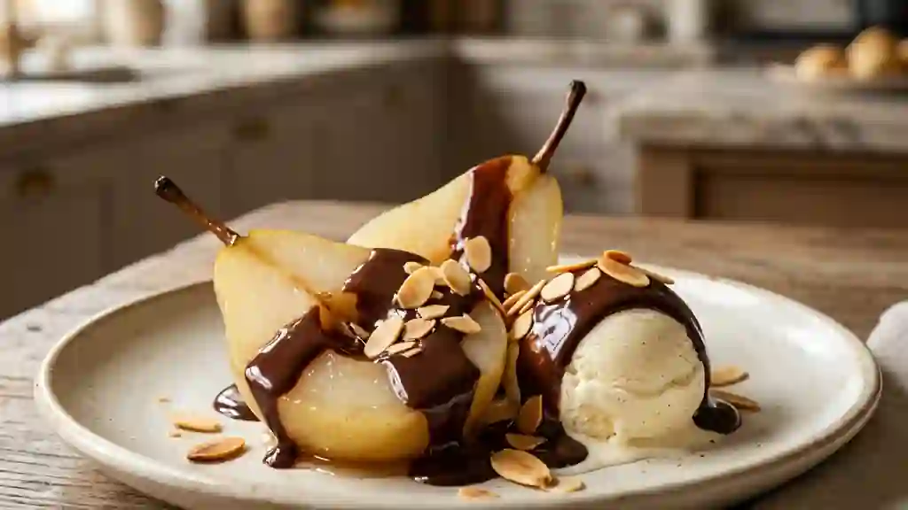 Poires belle hélène fondantes au chocolat noir - Photo de présentation