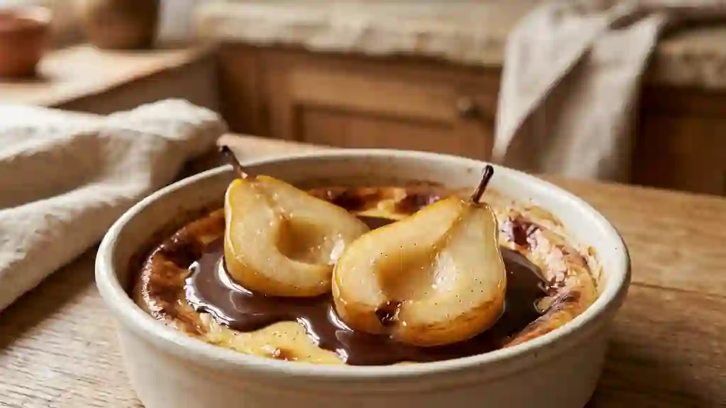 Poires fondantes au flan et chocolat noir - Photo de présentation