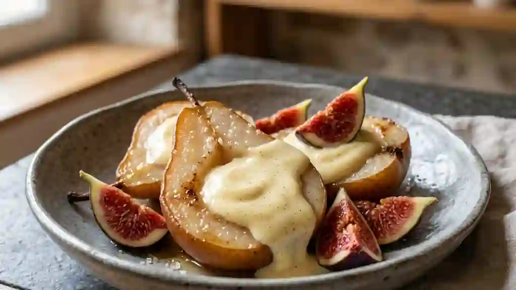 Poires fondantes et crème vanillée aux figues - Photo de présentation