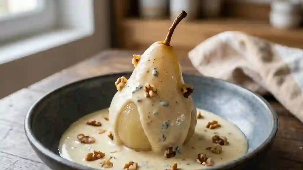 Poires pochées au Roquefort et éclats de noix - Photo de présentation