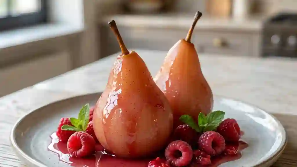 Poires fondantes au rosé et framboises fraîches - Photo de présentation