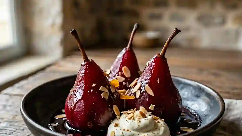 Poires pochées au vin et rubis de cassis - Photo de présentation