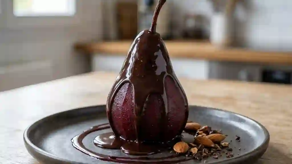 Poires au vin rubis et nappage chocolat soyeux - Photo de présentation