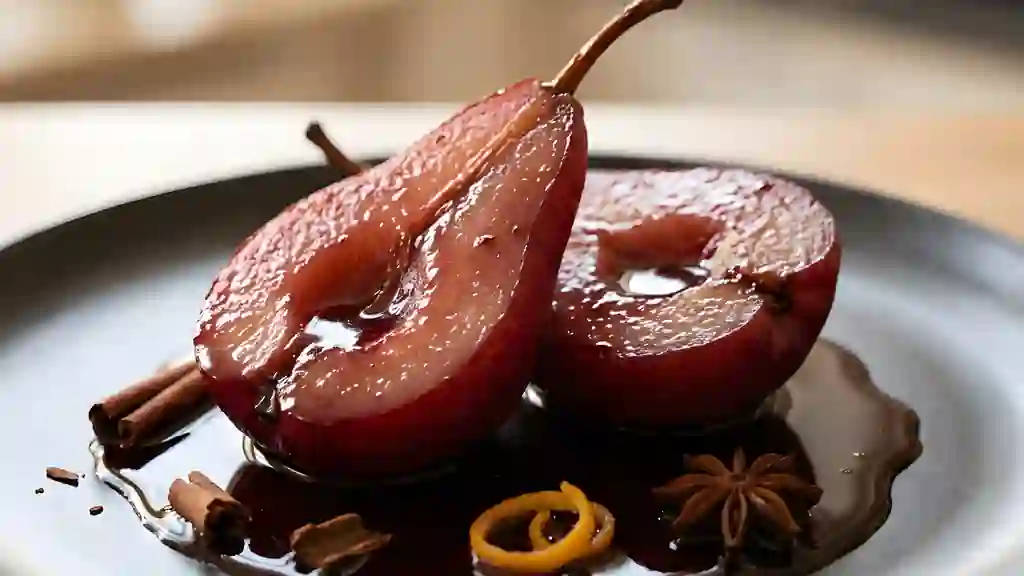 Poires pochées fondantes au vin épicé - Photo de présentation