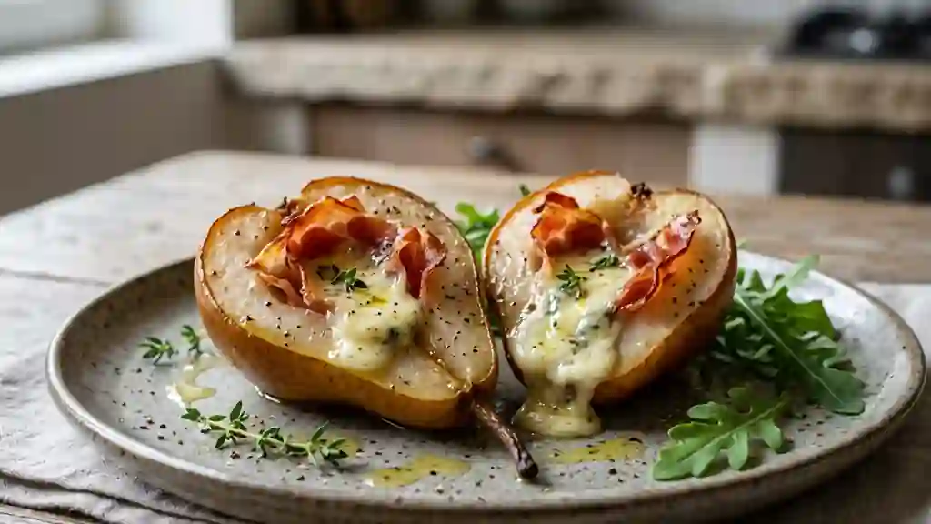 Poires rôties au gorgonzola et jambon cru - Photo de présentation
