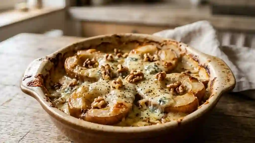 Poires rôties au roquefort et éclats de noix - Photo de présentation