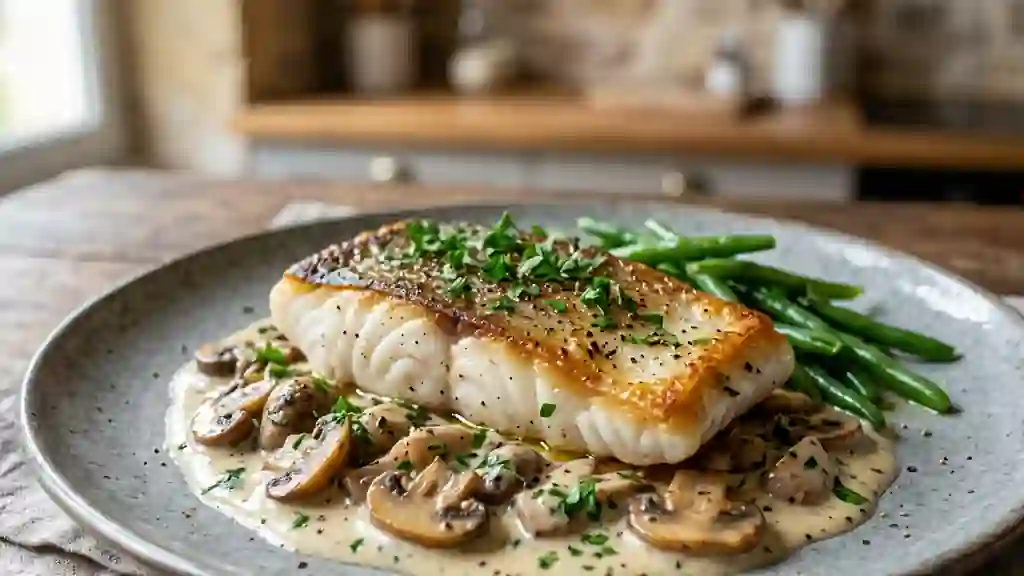 Poisson nacré à la forestière et crème onctueuse - Photo de présentation