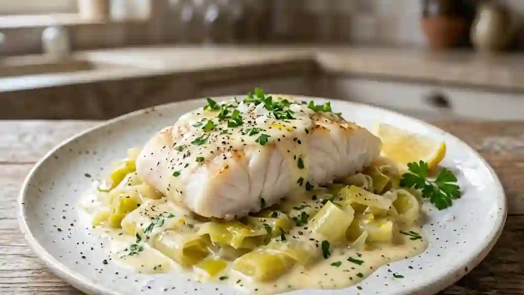 Poisson blanc fondant, crème de poireaux citronnée - Photo de présentation