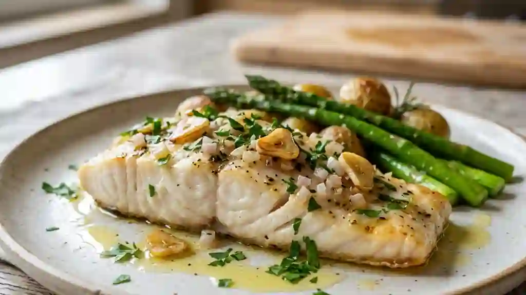 Poisson blanc nacré, ail et citron - Photo de présentation