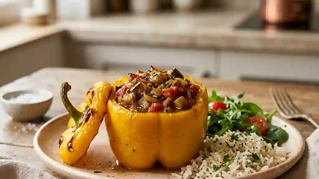 Poivron jaune rôti farci à l'aubergine fondante - Photo de présentation
