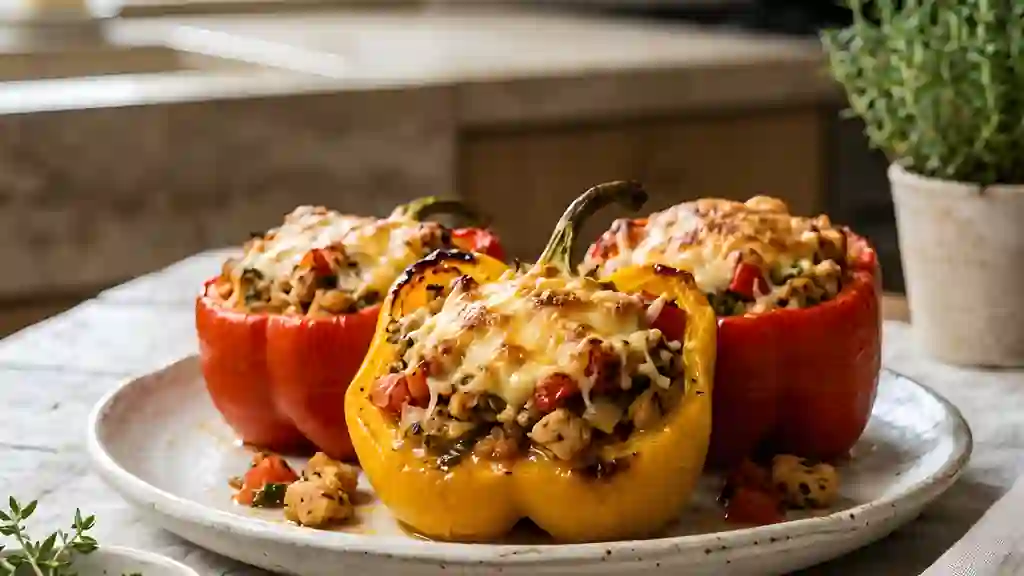 Poivrons farcis au poulet et fromage fondu - Photo de présentation