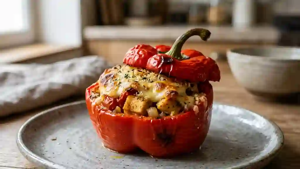 Poivrons farcis au poulet et fromage gratiné - Photo de présentation