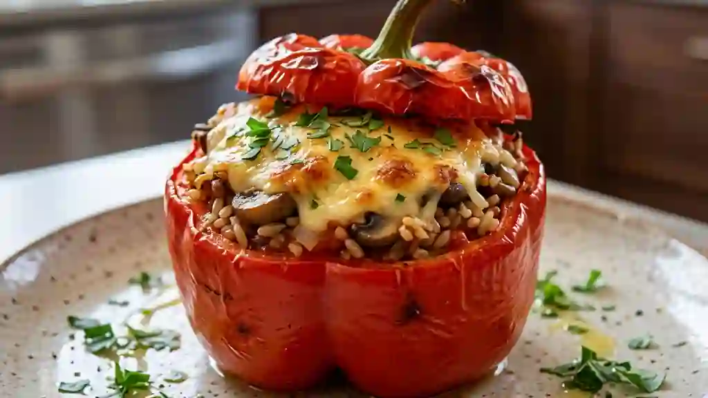 Poivrons rôtis, farce fondante riz-champignons - Photo de présentation