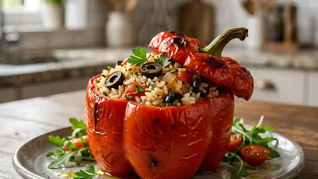 Poivrons fondants farcis au riz et olives - Photo de présentation
