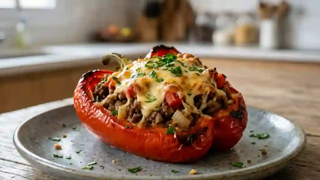 Poivrons farcis : bœuf juteux et fromage gratiné - Photo de présentation