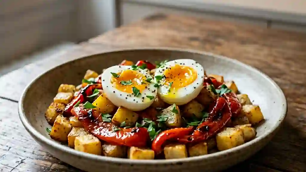 Poivrons rôtis, pommes de terre dorées et œufs - Photo de présentation