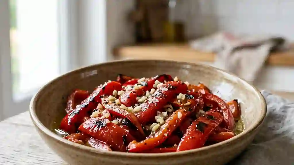 Poivrons rôtis fondants à l'huile d'olive et ail - Photo de présentation