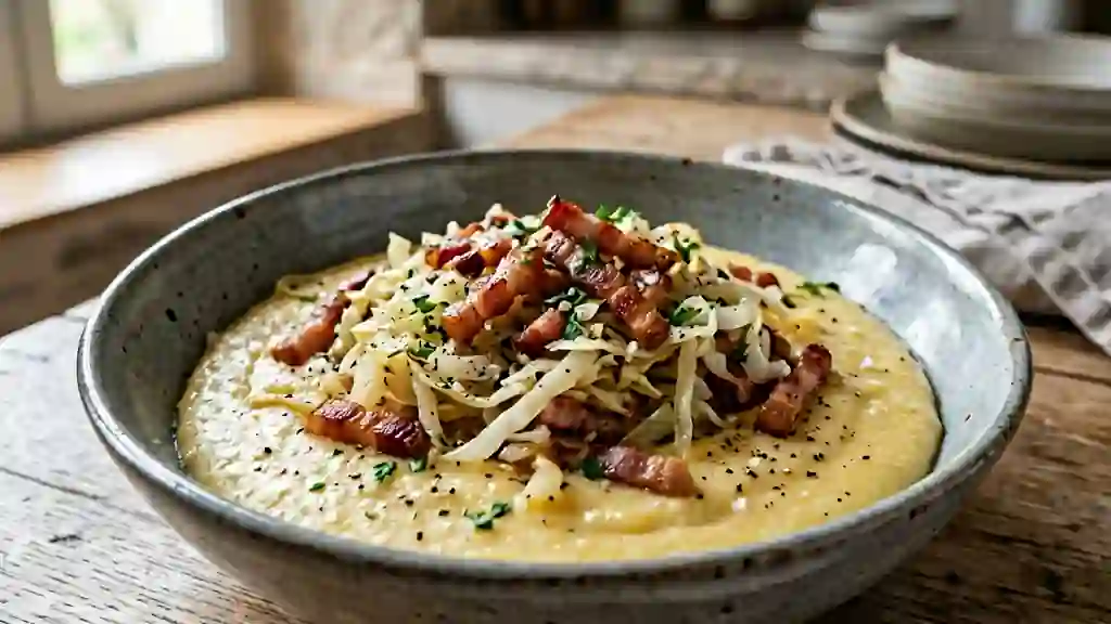 Polenta crémeuse au chou et lardons fumés - Photo de présentation