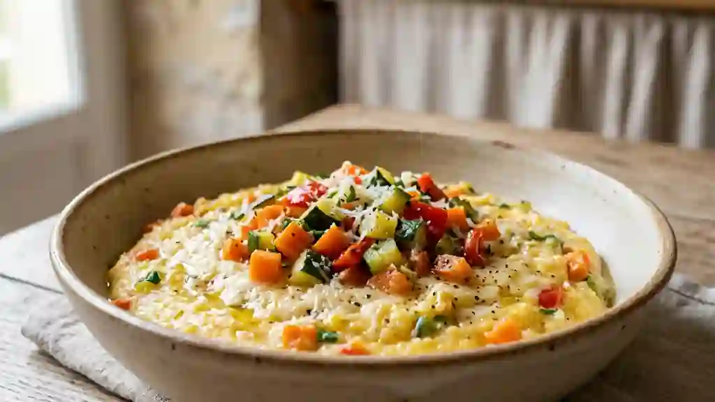 Polenta crémeuse et petits légumes croquants - Photo de présentation