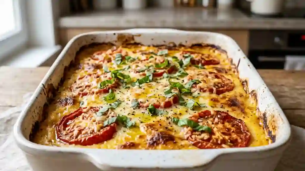 Polenta crémeuse gratinée aux tomates et basilic - Photo de présentation