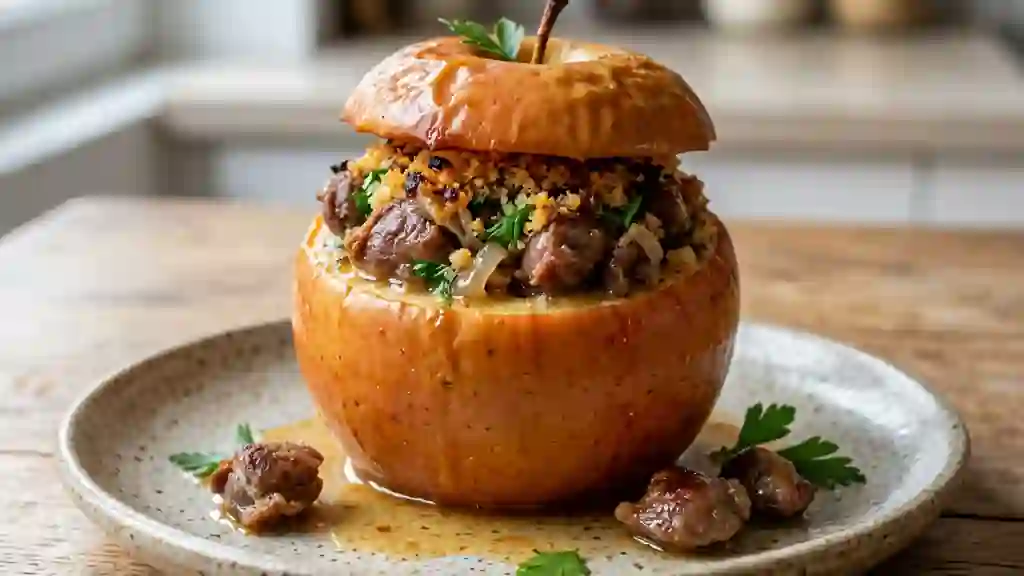 Pomme rôtie fondante aux gésiers de canard - Photo de présentation