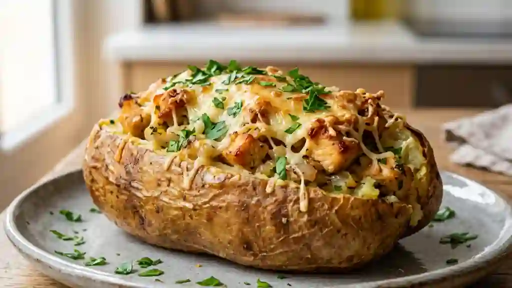 Pommes de terre farcies au poulet gratinées - Photo de présentation