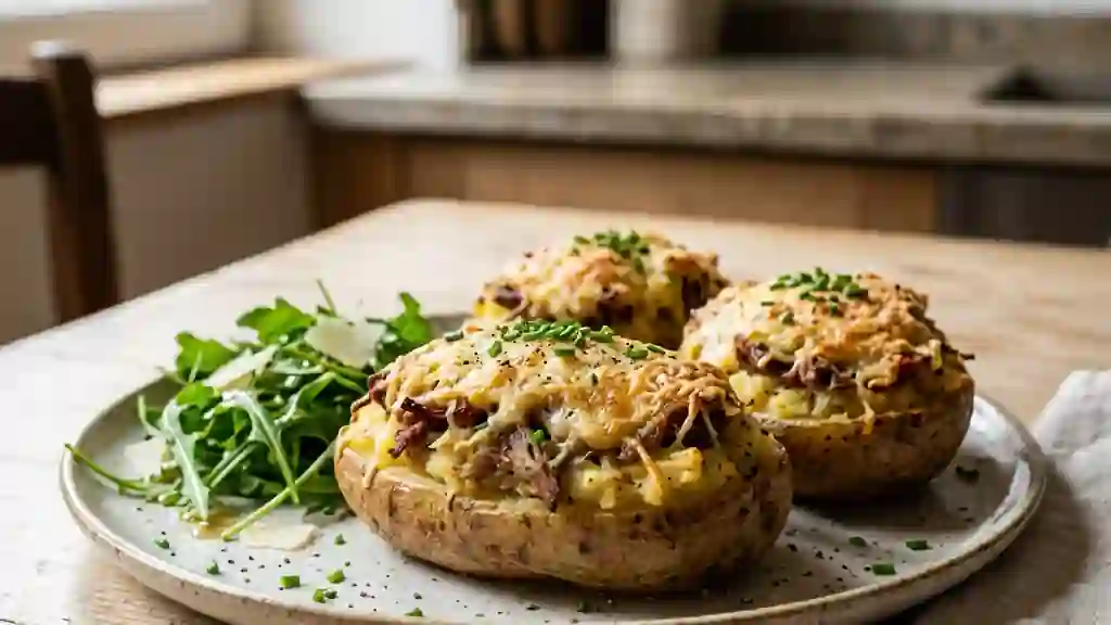 Pommes de terre farcies fondantes et gratinées - Photo de présentation