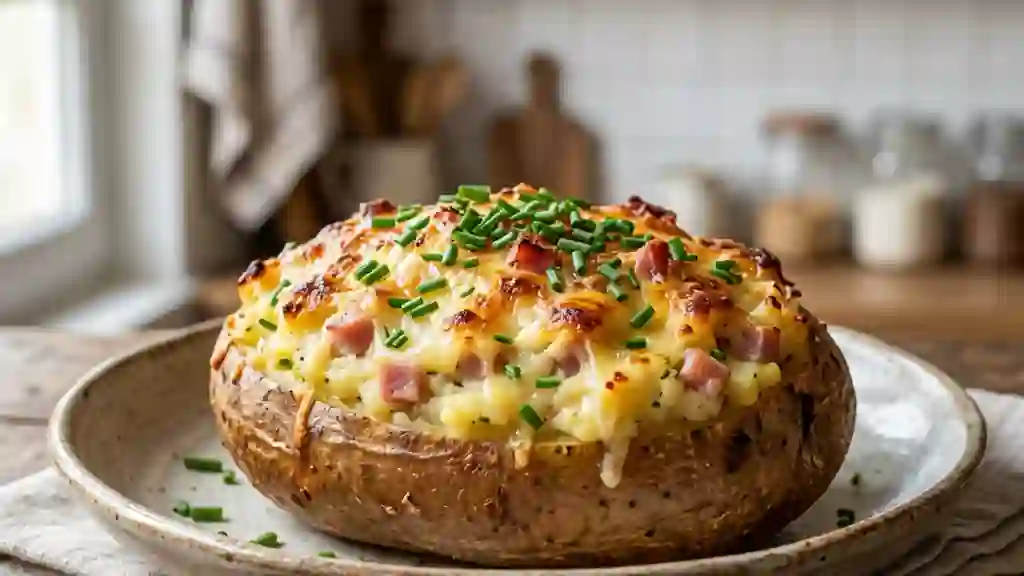 Pommes de terre garnies au jambon et fromage - Photo de présentation
