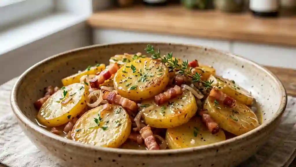 Pommes de terre fondantes au lard et vin blanc - Photo de présentation