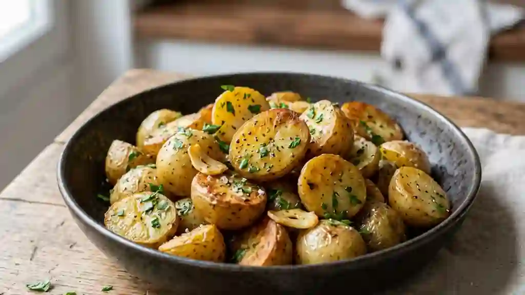 Pommes de terre nouvelles croustillantes à l'ail - Photo de présentation